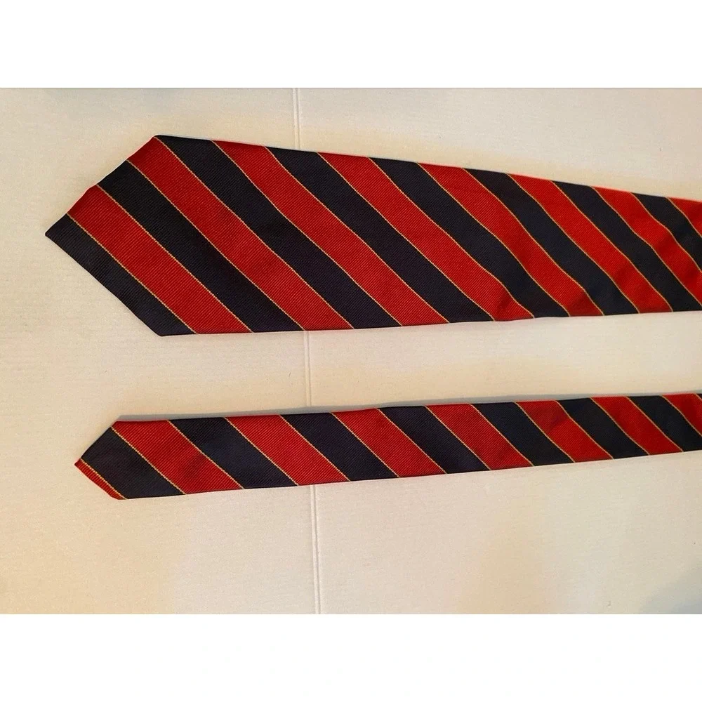 Lands End Mens Long Silk Tie Navy Blue Red Gold Regimental Stripe Handsewn USA